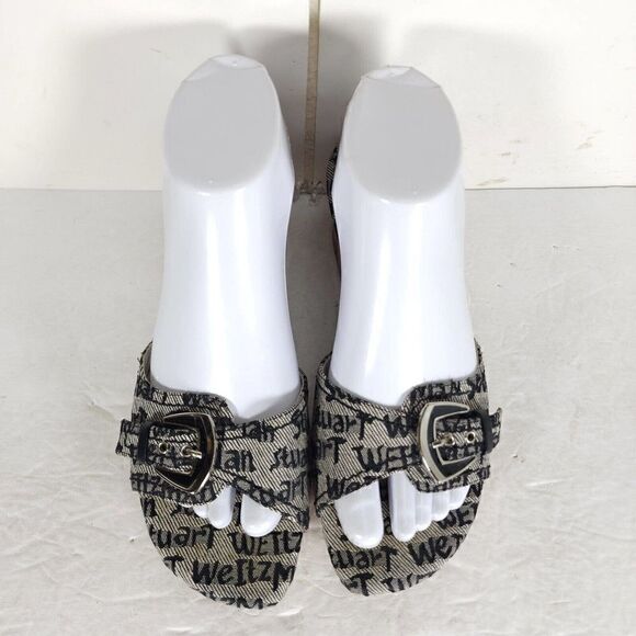 Stuart Weitzman Women's US 7,5B Graffiti Logo Buckle Wooden Heel Wedge Sandals - Picture 3 of 14